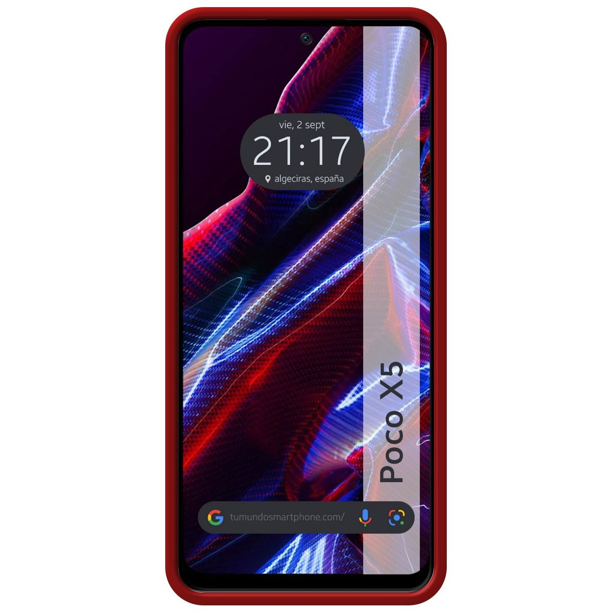 Custodia rossa con schermo che mostra ora e data. Testo: Poco X5.