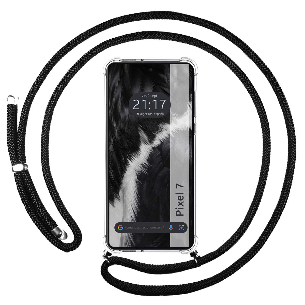 Custodia per telefono con un cordino nero. Lo schermo del telefono mostra data e ora.