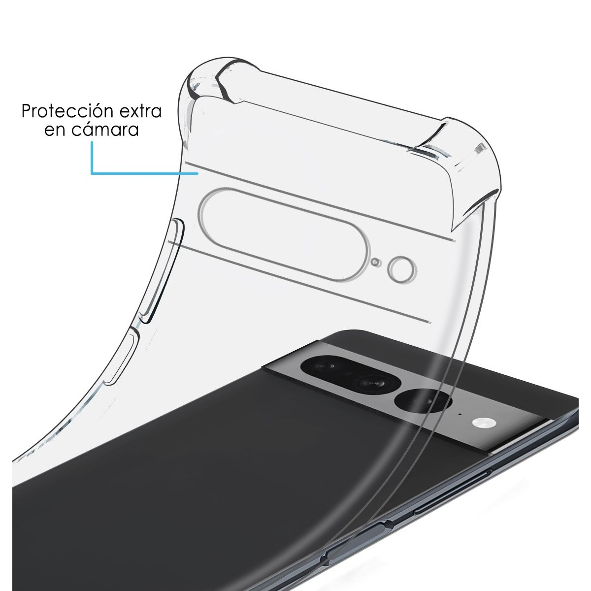 Una custodia per telefono trasparente su un telefono. Il testo dice 'Protección extra en cámara'.