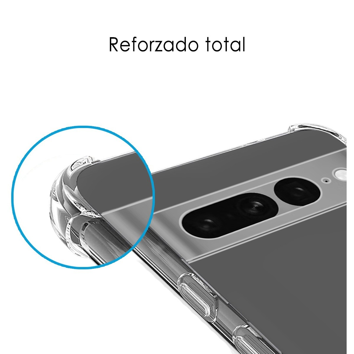 Primo piano dell'angolo di una custodia per telefono. Il testo recita 'Reforzado total', che significa 'Rinforzo totale'.