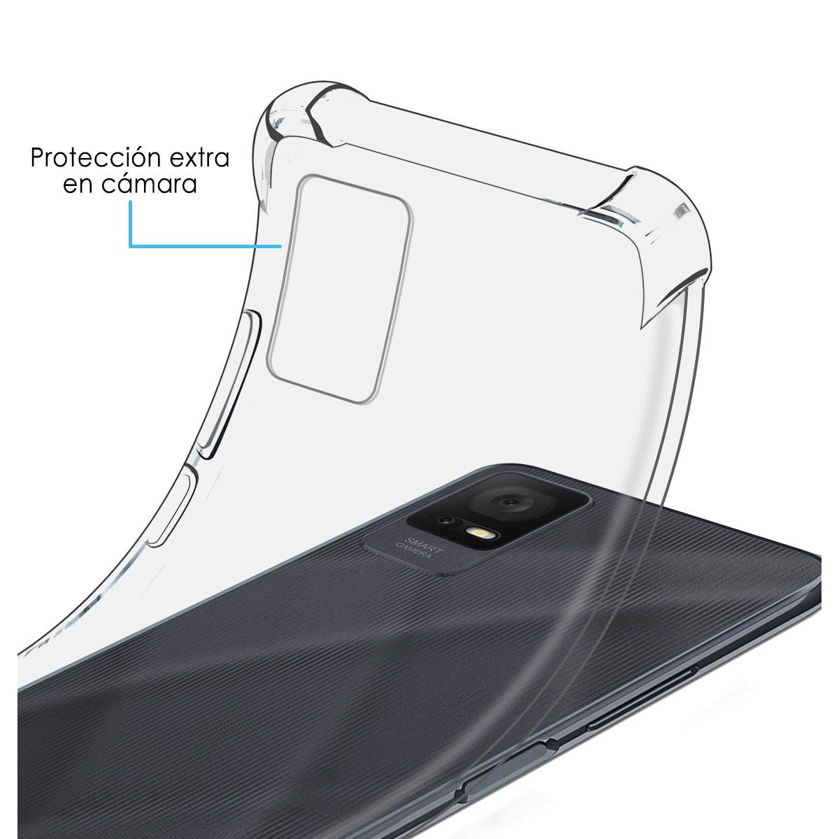 Telefono con una custodia trasparente, che mostra la fotocamera e la struttura del telefono.