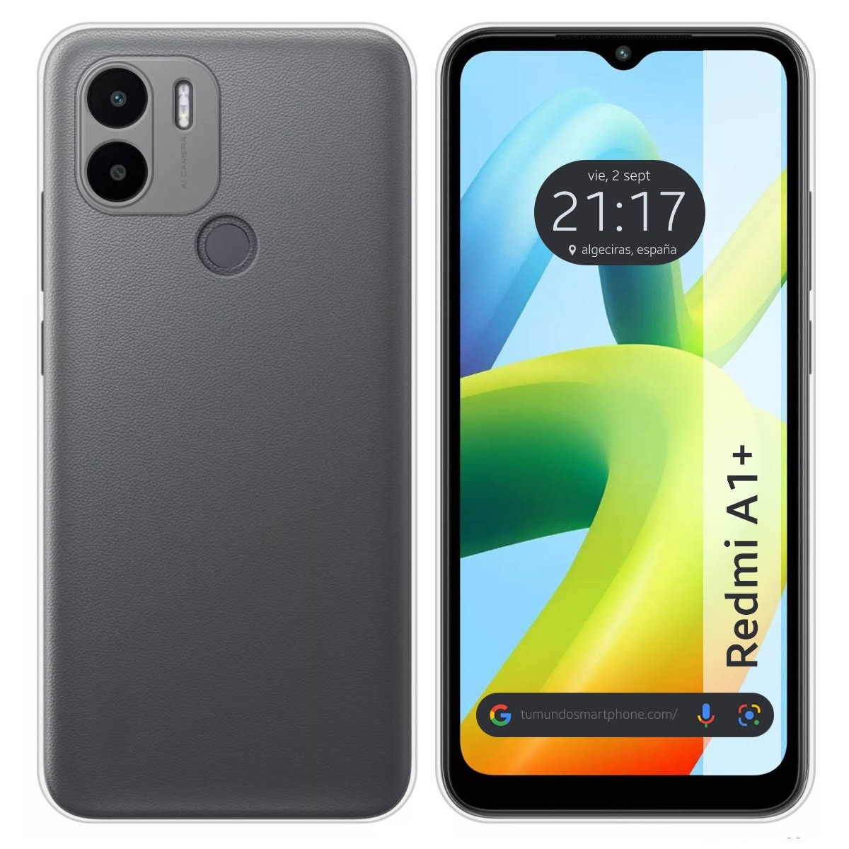 La custodia è grigia. Lo schermo del telefono mostra un design sfumato giallo e bianco.