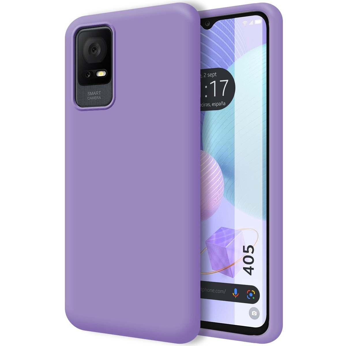 Custodia per telefono viola. Il telefono ha una fotocamera sul retro. Lo schermo mostra l'ora.