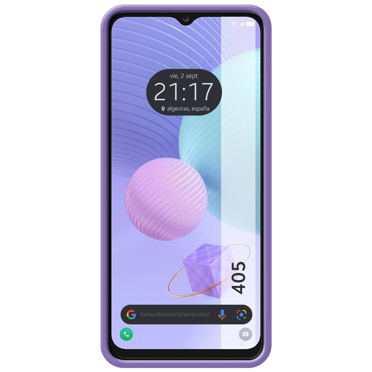 Il telefono mostra ora, data e posizione, con una sfumatura viola e un cubo.