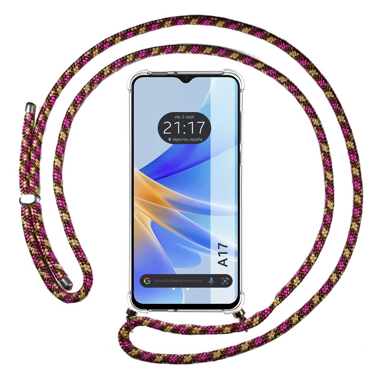 Custodia con un design a corda e uno smartphone con cinturino.
