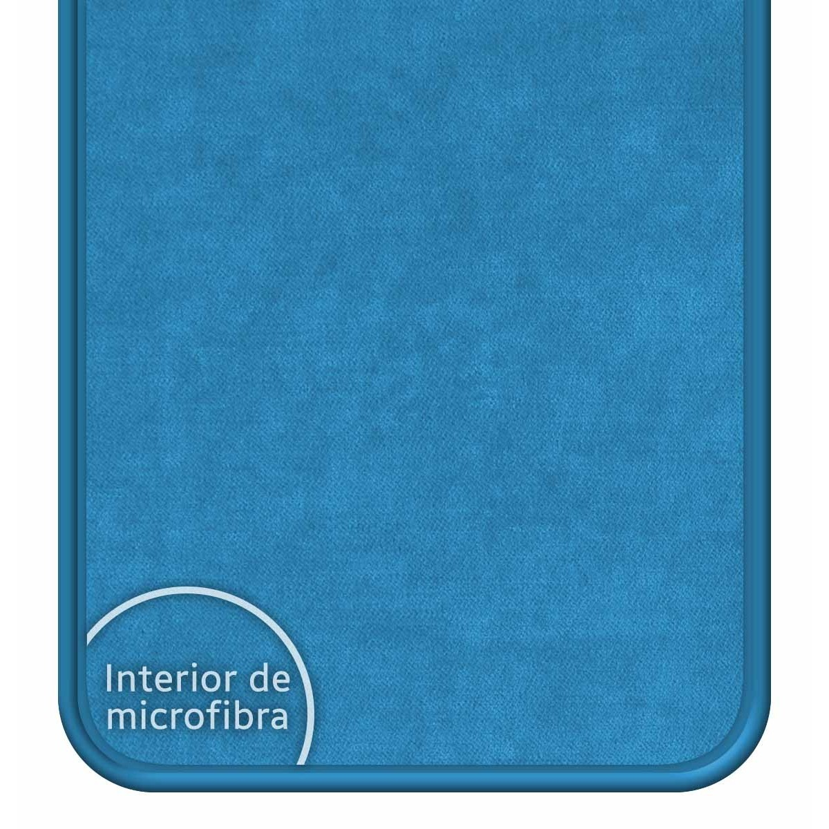 Funda de teléfono con textura de microfibra azul. Teléfono no visible.