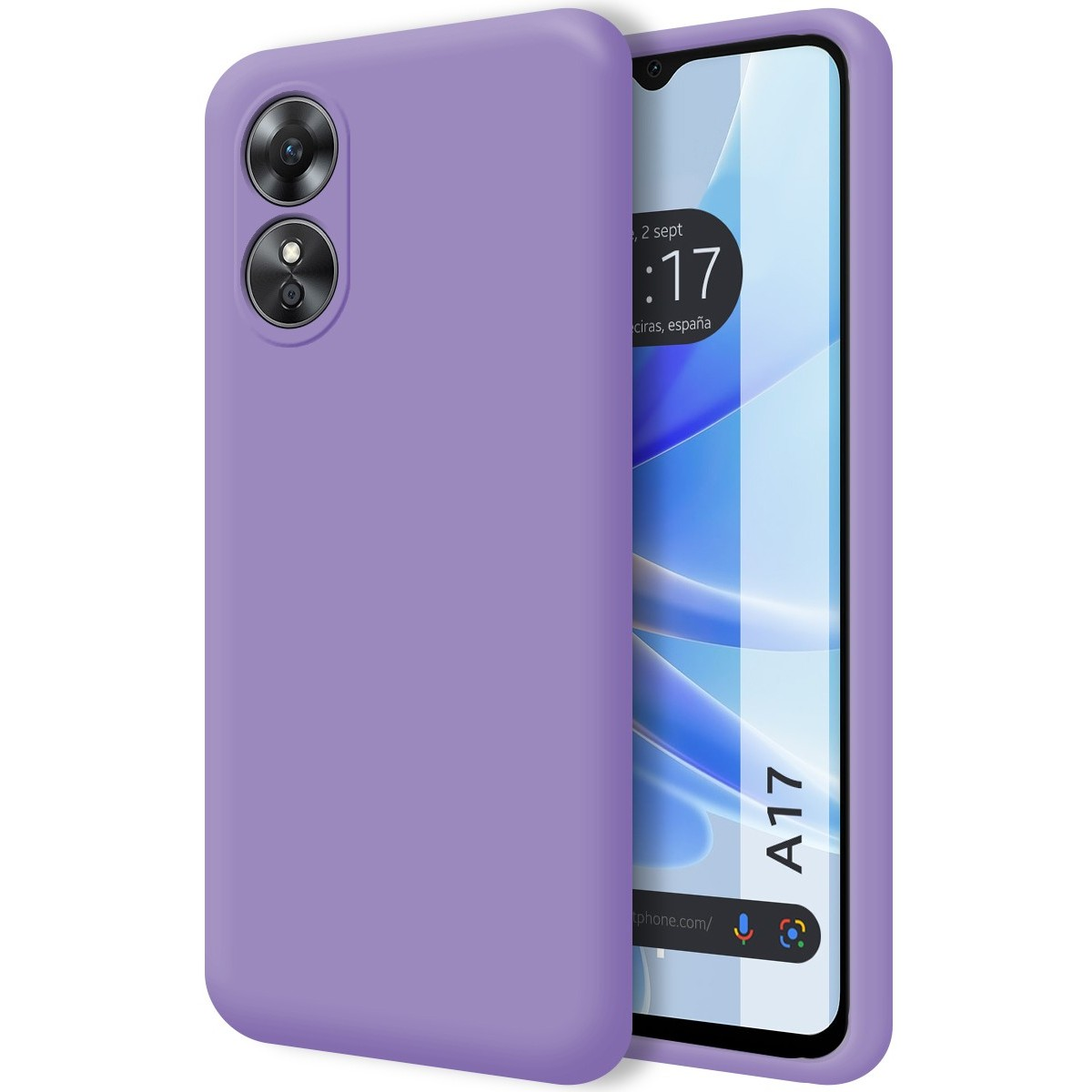 Custodia per telefono viola. A destra, lo schermo del telefono mostra uno sfondo viola con l'ora.
