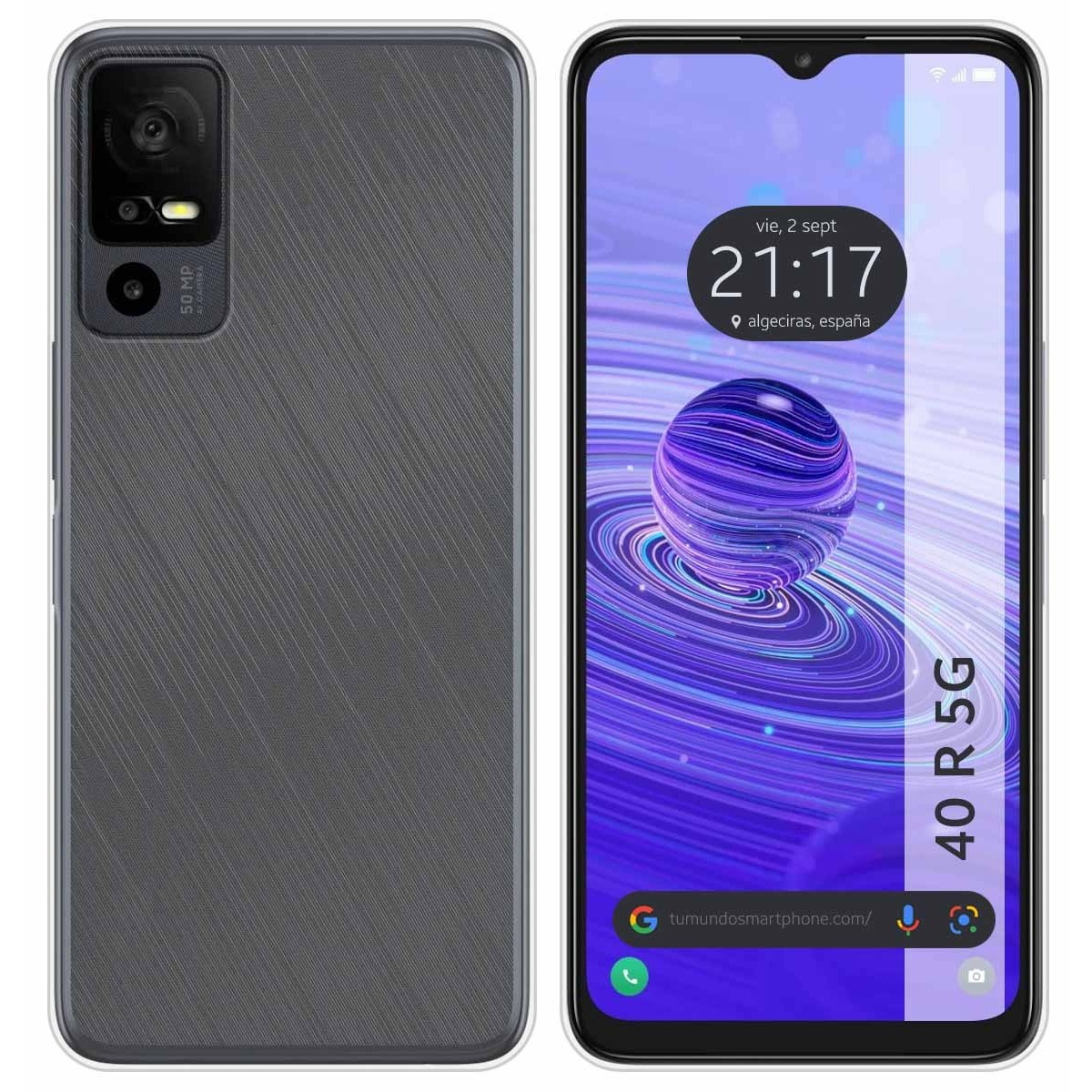Custodia per telefono con un design grigio strutturato a sinistra e uno schermo a destra.