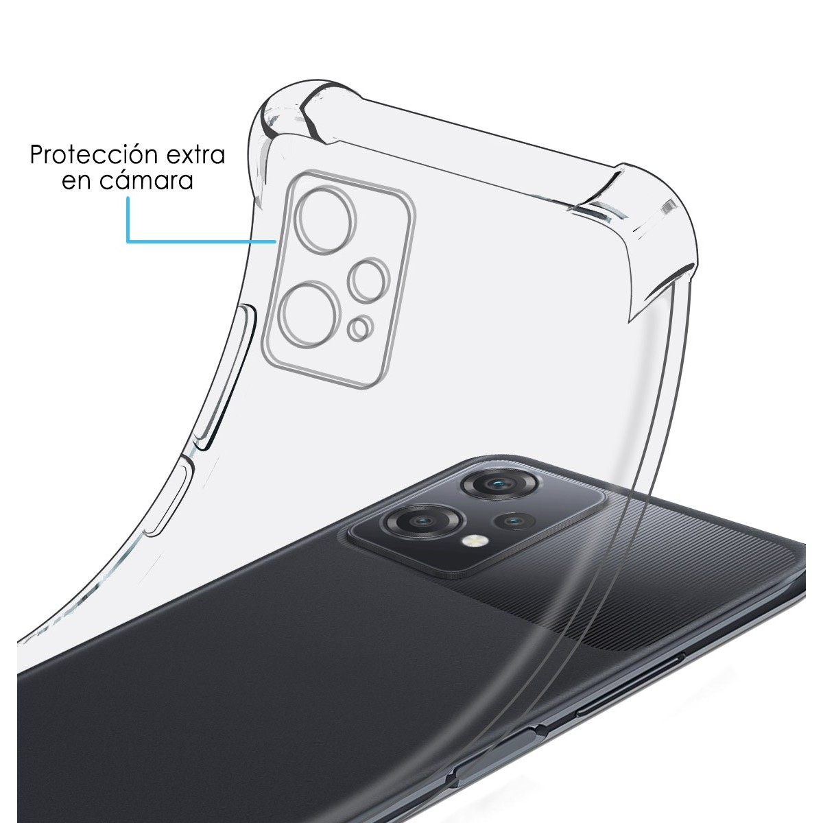 Una custodia trasparente protegge un telefono nero, con un'etichetta di testo e una fotocamera visibile.