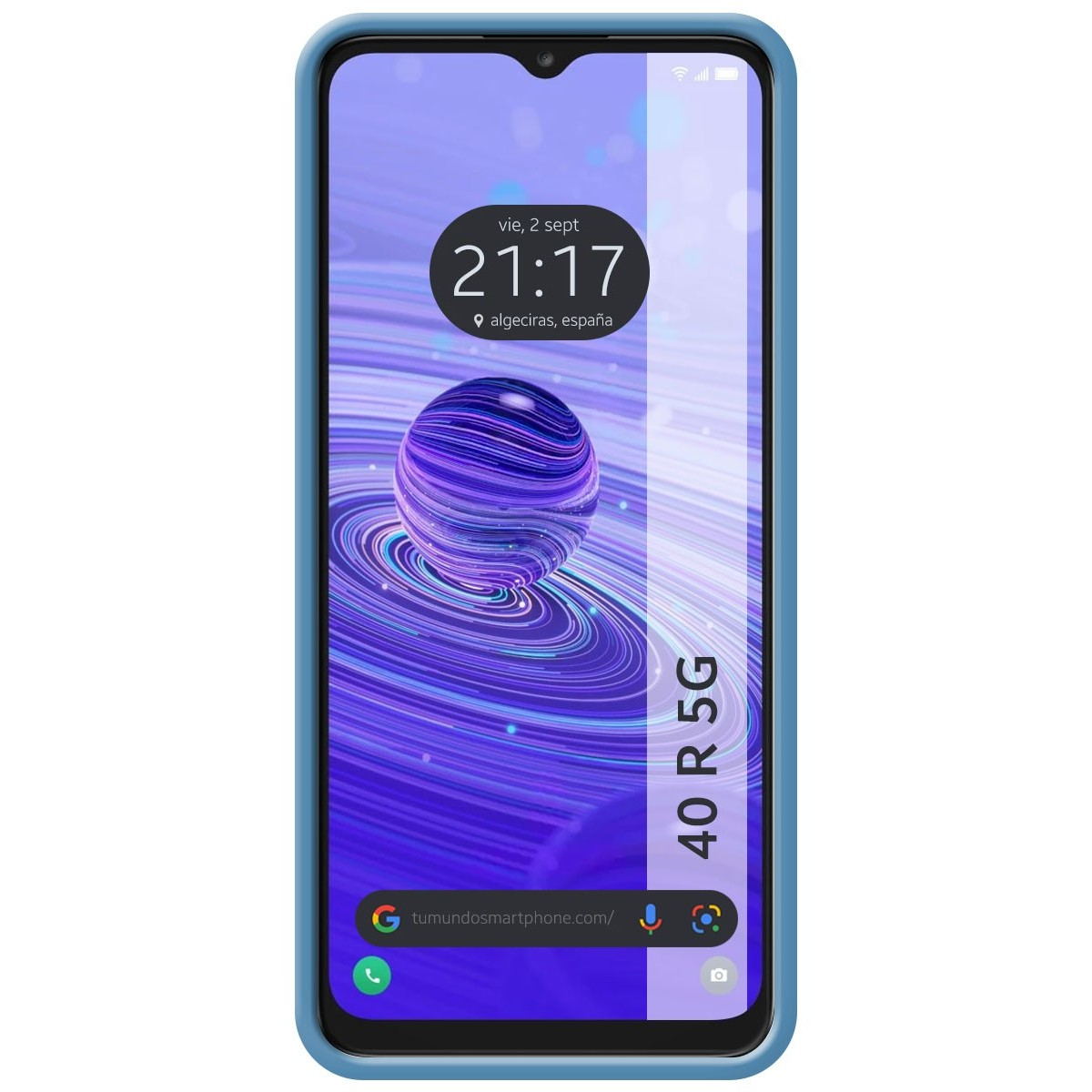 Custodia per telefono blu. Schermo del telefono mostra ora e data.