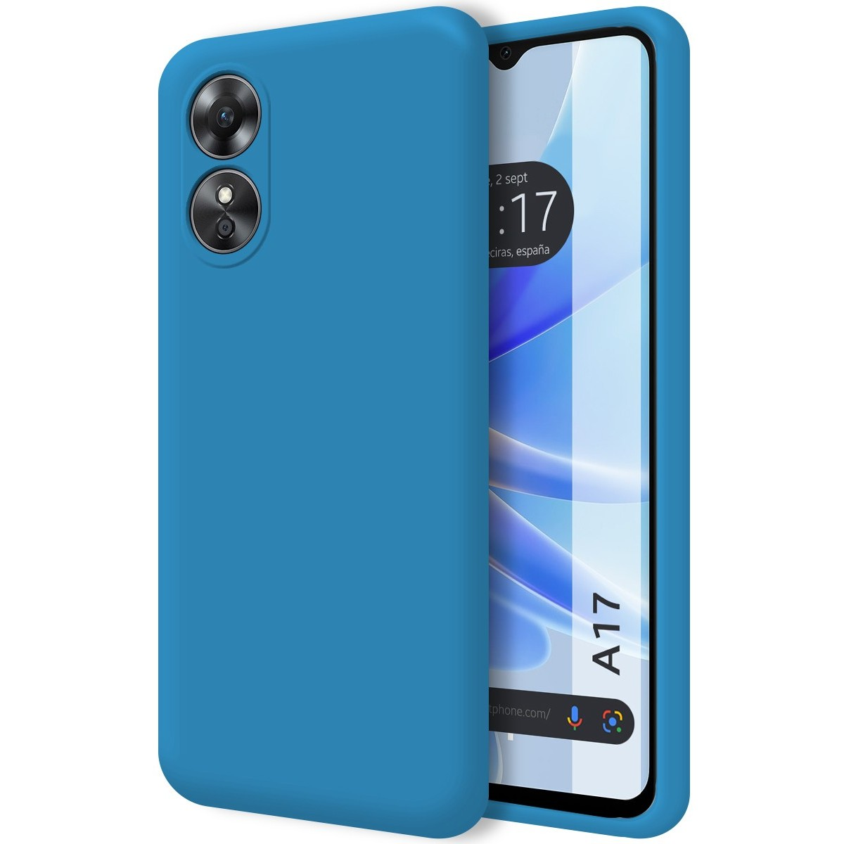Custodia blu con telefono che mostra un design astratto blu e bianco con indicazione dell'ora.