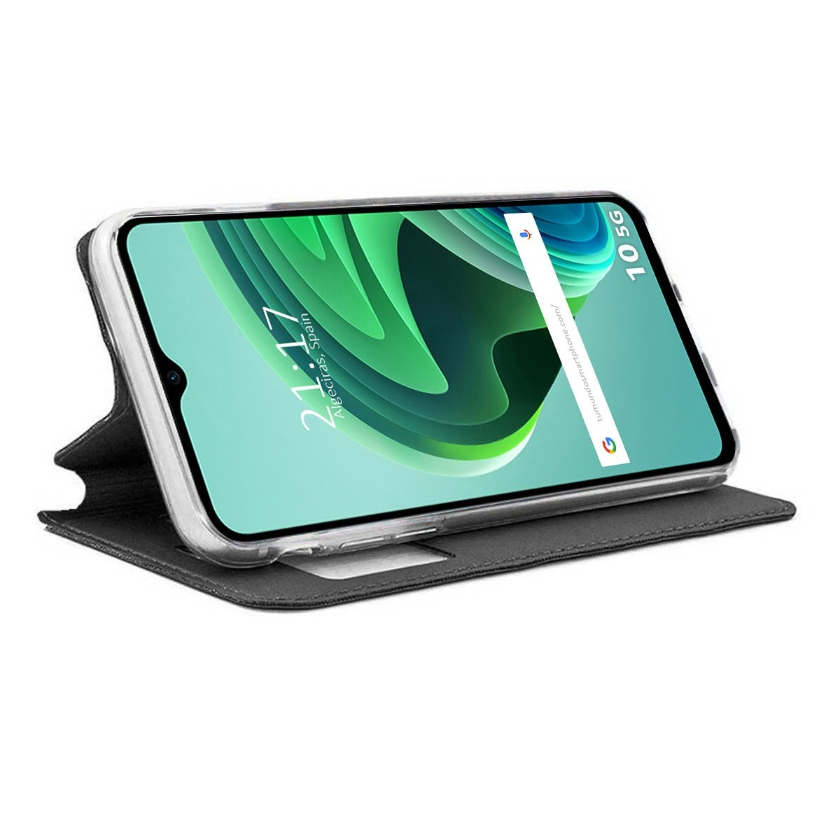 Smartphone in una custodia, aperto su un supporto. Lo schermo mostra un motivo verde e l'ora.