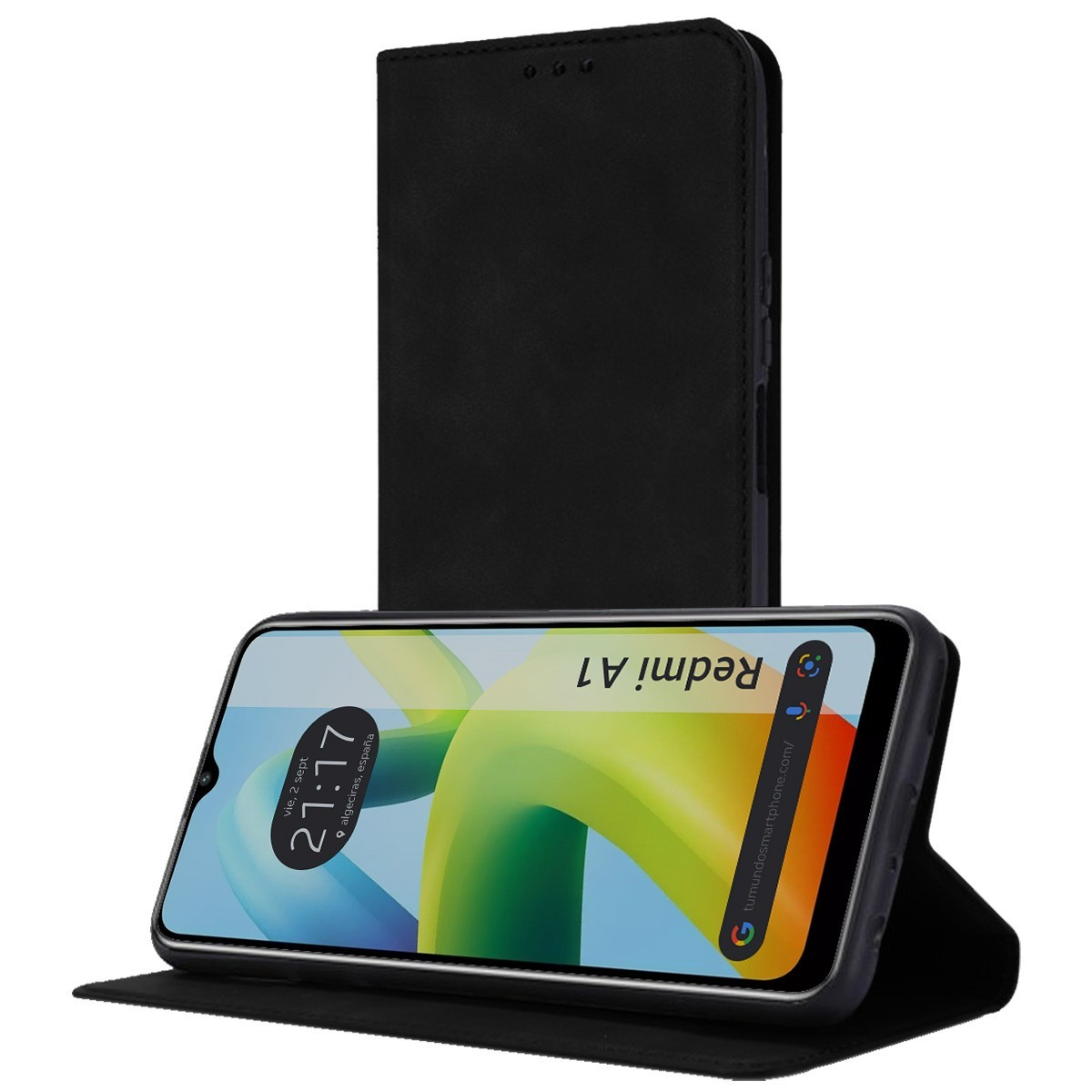 Custodia per telefono nera, aperta, con un telefono e un supporto nero.