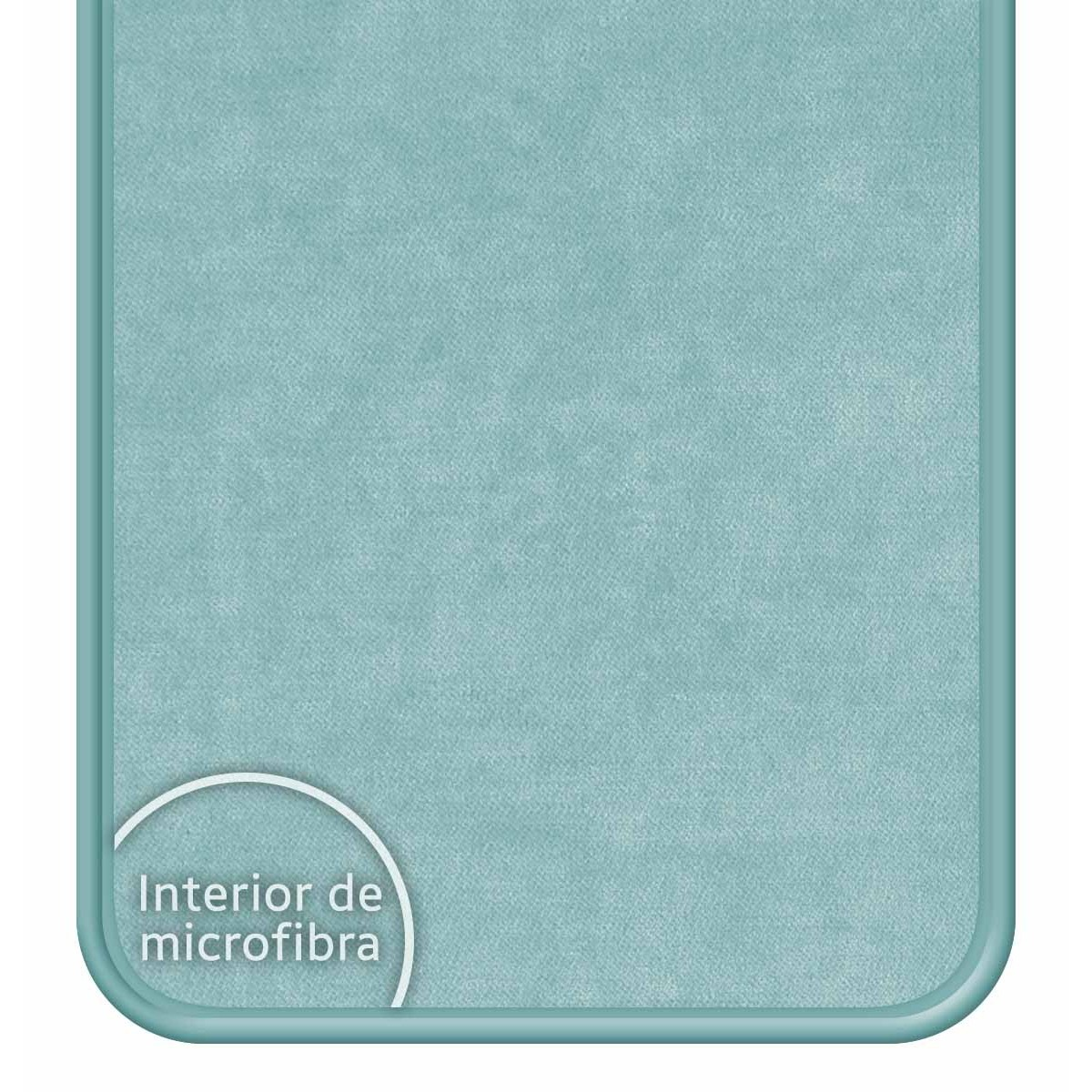 Funda de teléfono con textura de microfibra color verde azulado. La esquina inferior izquierda tiene texto 'Interior de microfibra'.
