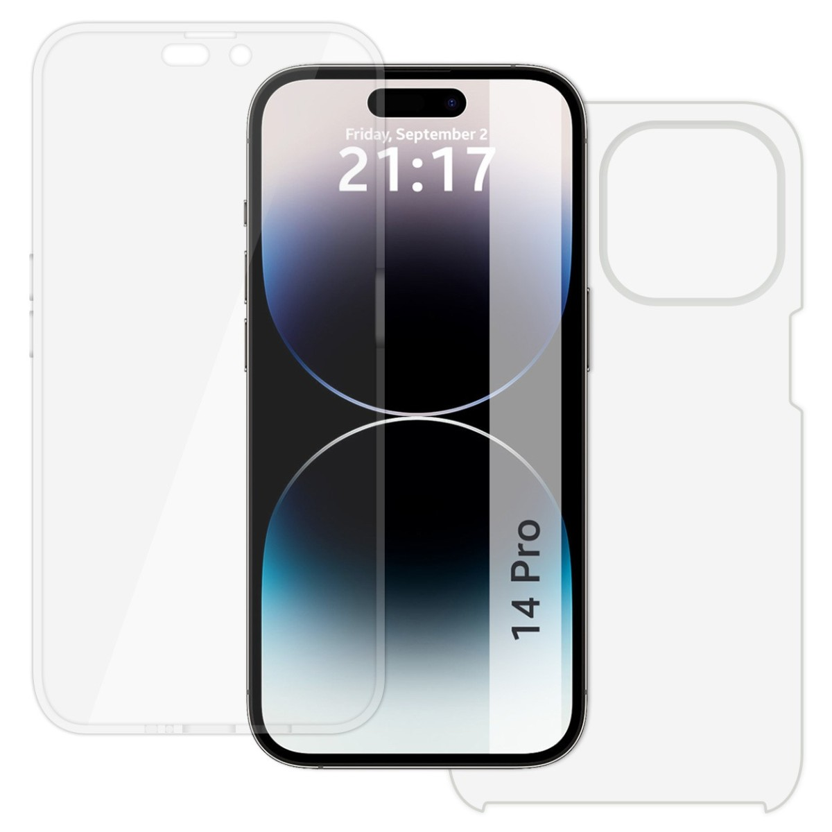 Pellicola protettiva trasparente per telefono e custodia accanto a uno smartphone nero e argento che mostra l'ora.