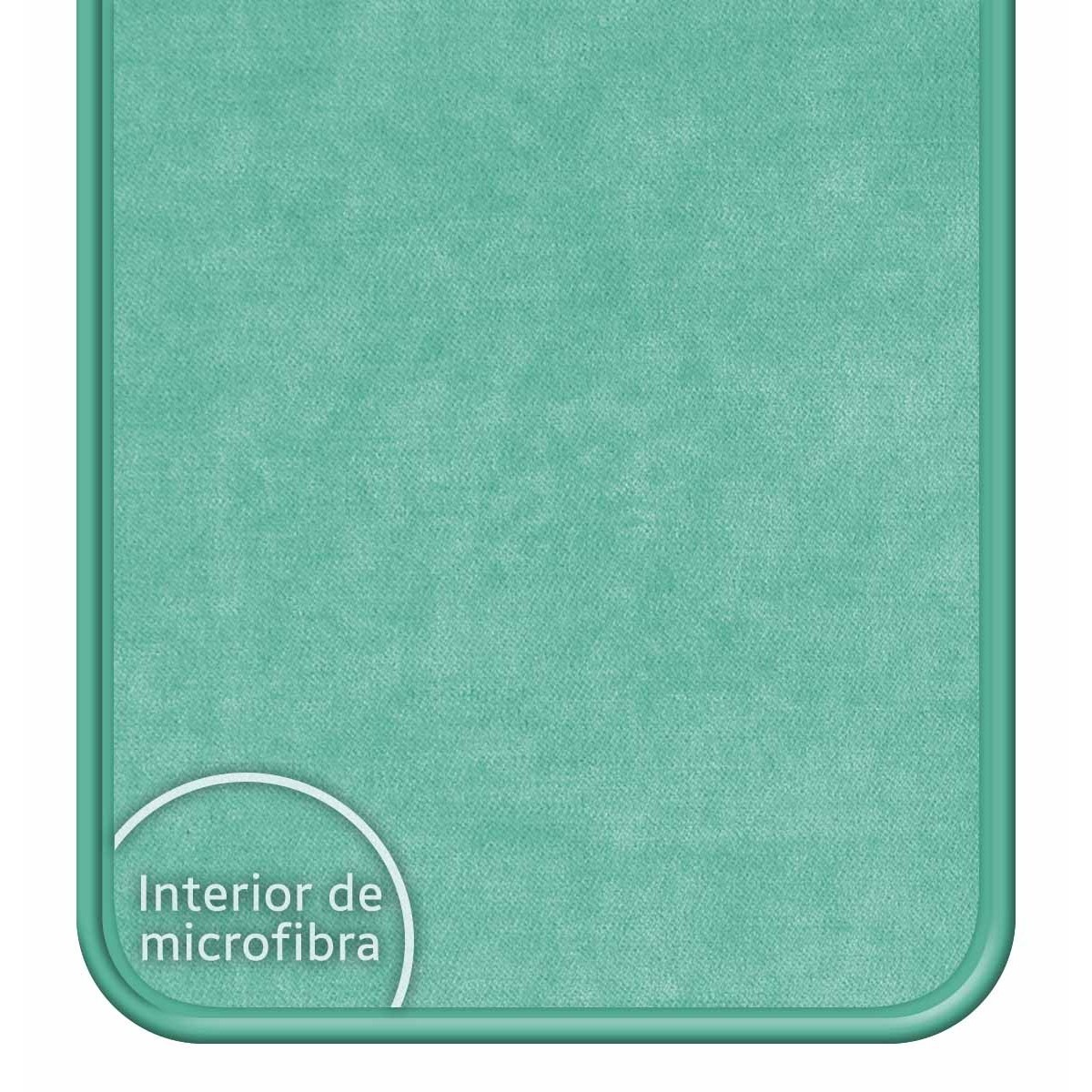 Primer plano de una funda de teléfono con un interior de microfibra verde claro.