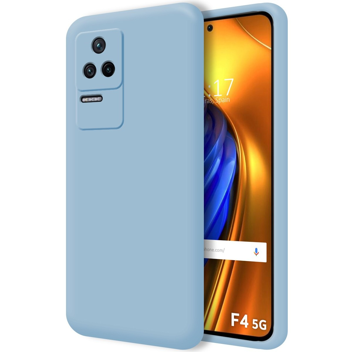 Una custodia blu per telefono accanto a un telefono, entrambi con uno schermo. La custodia ha le telecamere.
