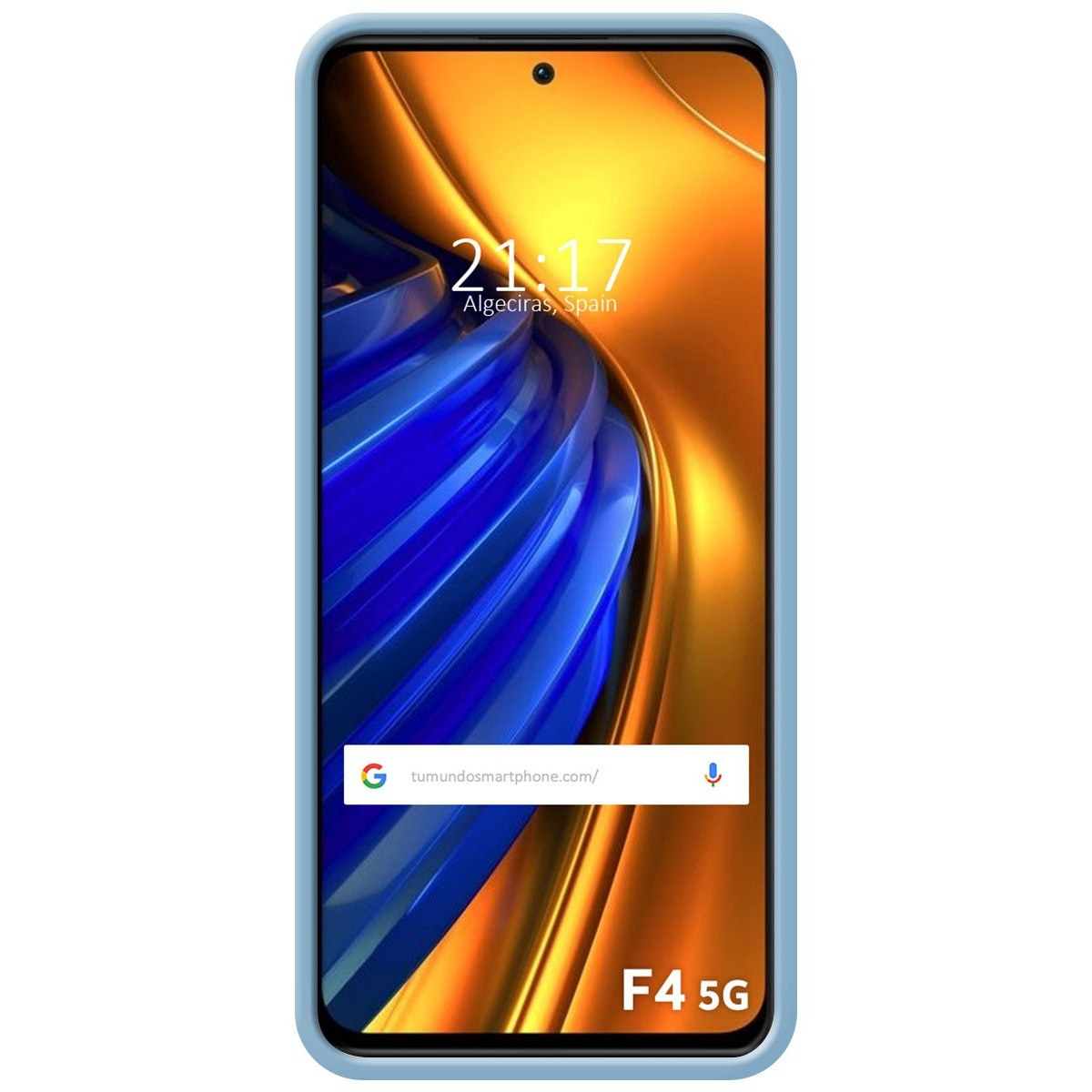 Telefono con custodia blu che mostra ora e luogo e uno sfondo blu.