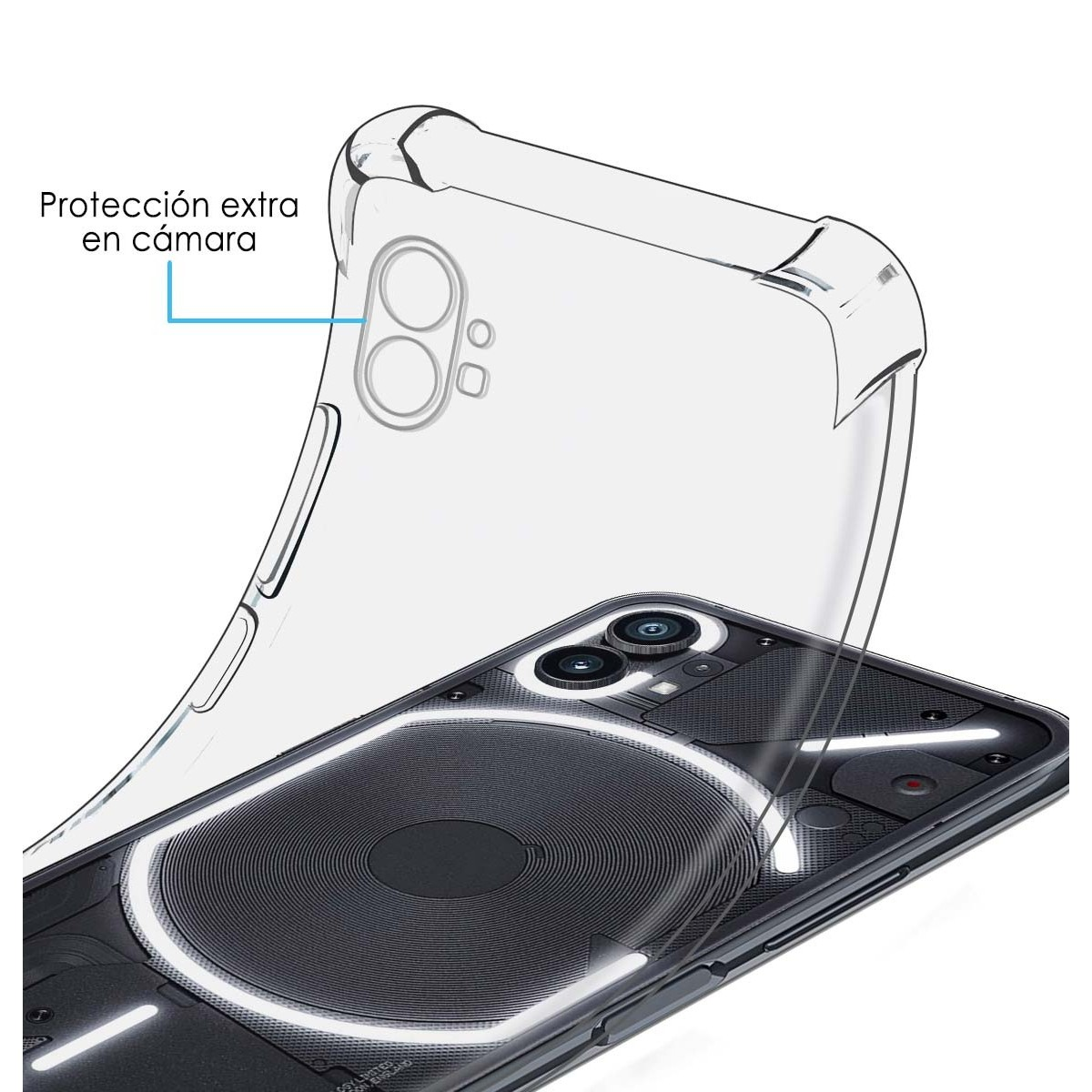 Custodia trasparente con un telefono all'interno. Il telefono è nero con un design circolare e luce bianca.