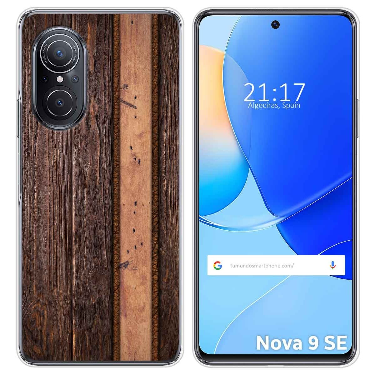 Funda de teléfono con un patrón de vetas de madera. Pantalla del teléfono muestra la hora y la fecha.