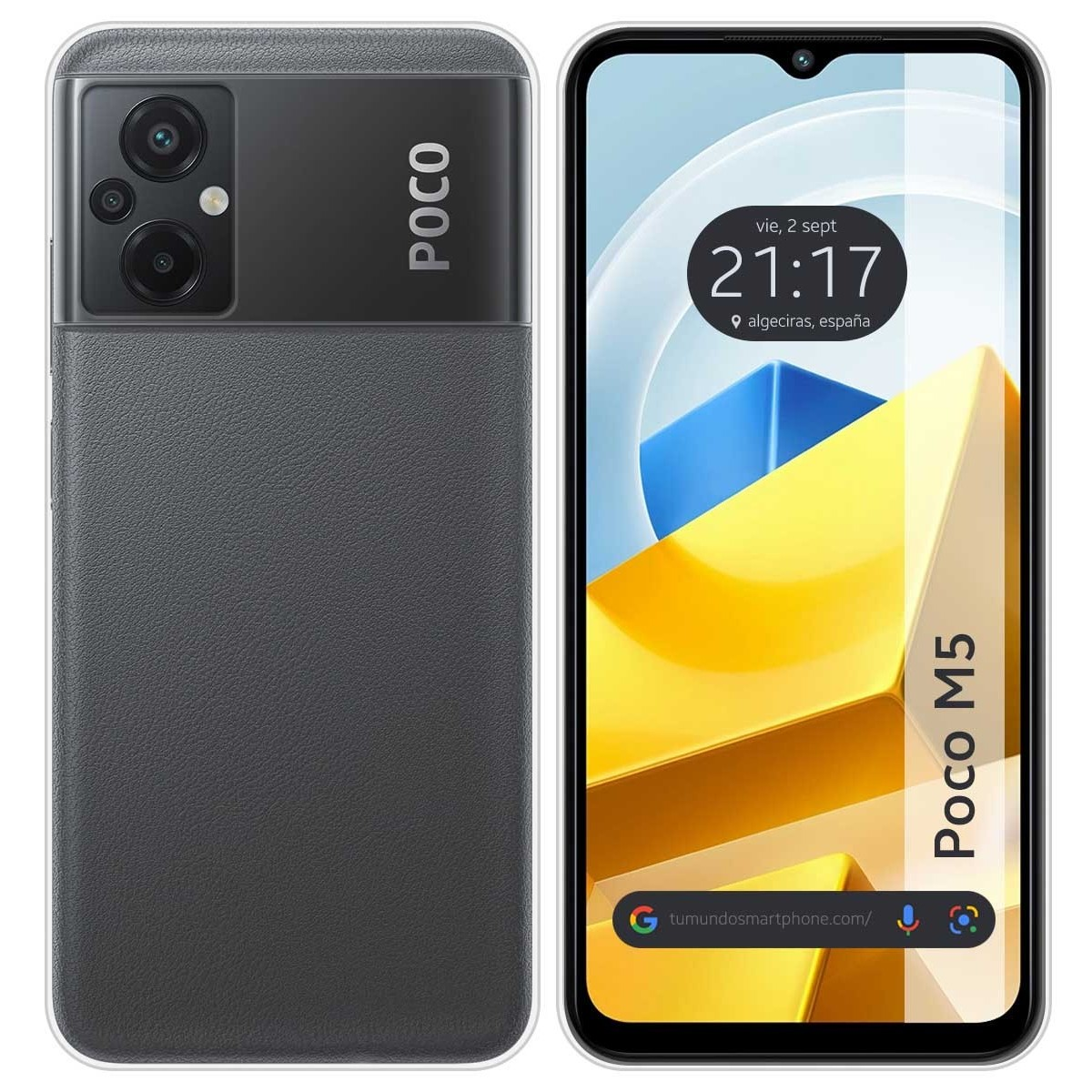Custodia per telefono con design grigio scuro e schermo del telefono che mostra ora e data.