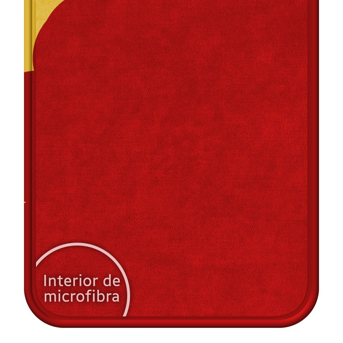 Funda para teléfono con textura de microfibra roja y esquinas redondeadas. Texto blanco: Interior de microfibra.