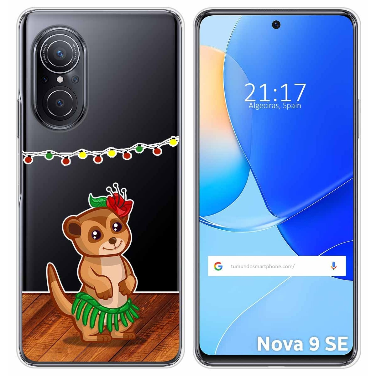 Funda de teléfono con un suricato con lei y falda de hierba. Pantalla con gradiente azul.