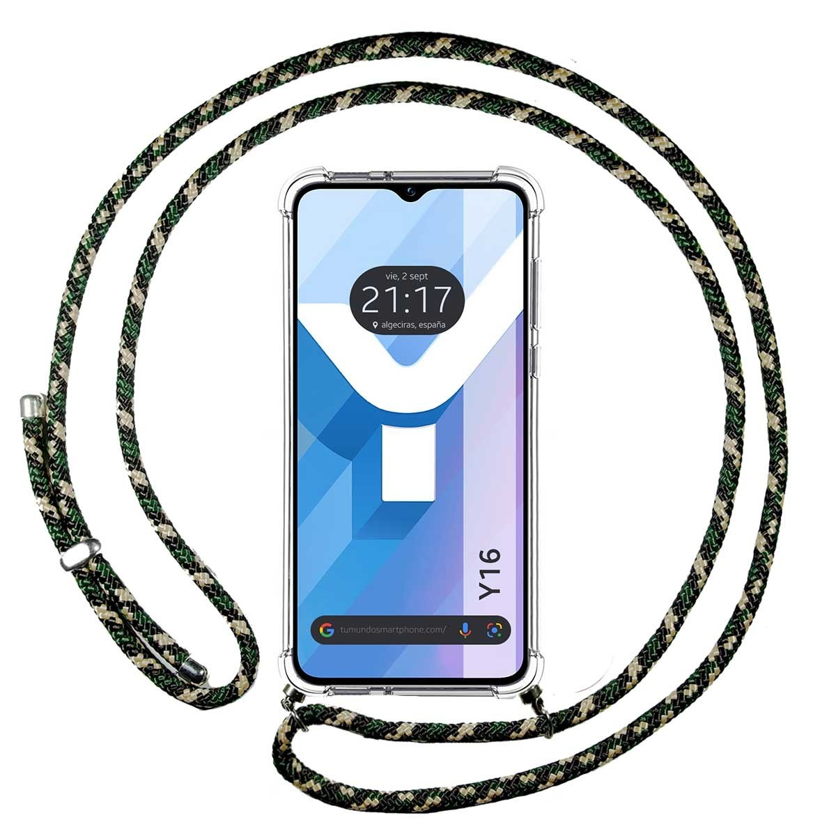 Telefono con cinturino fantasia, schermo acceso e che mostra l'ora.