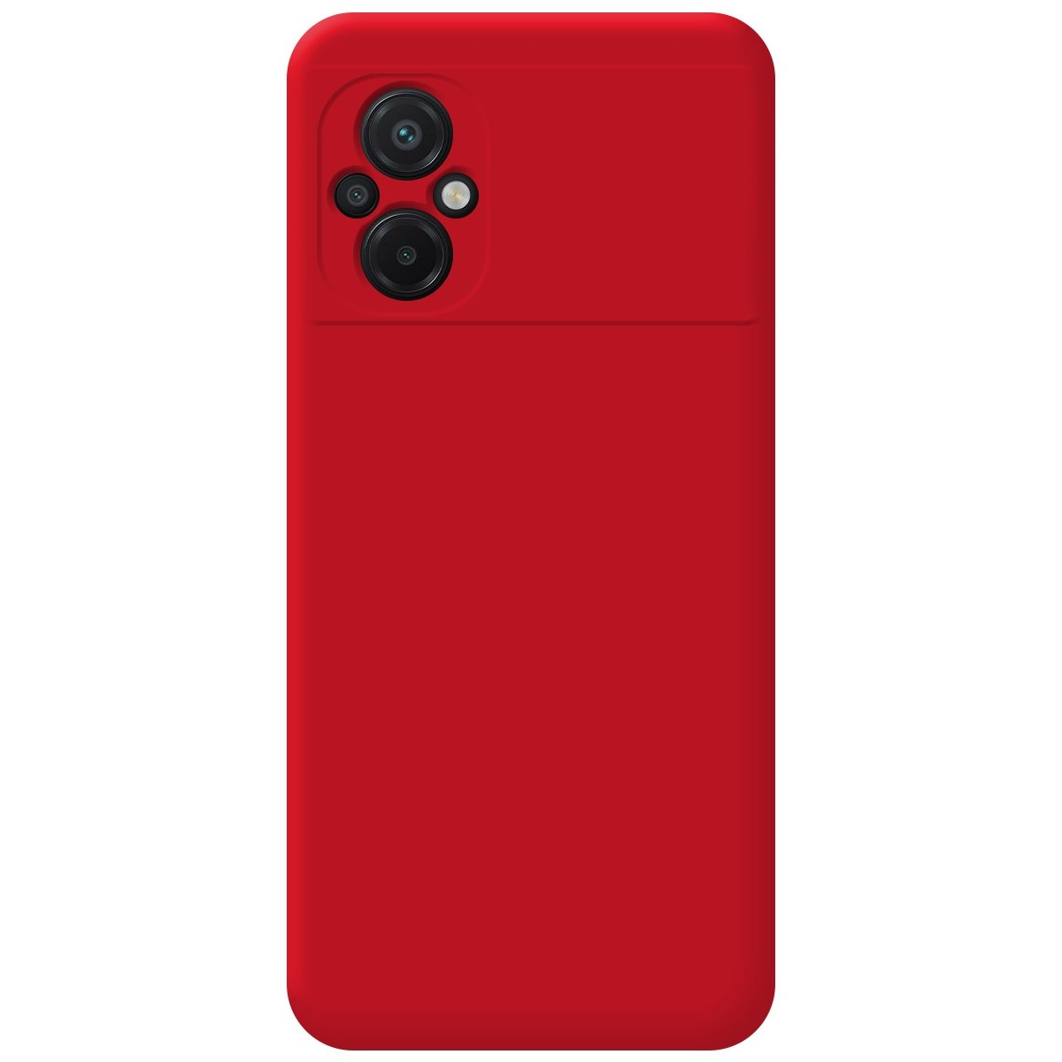Custodia rossa con due fotocamere. La custodia è rosso tinta unita, con un ritaglio rettangolare per la fotocamera.