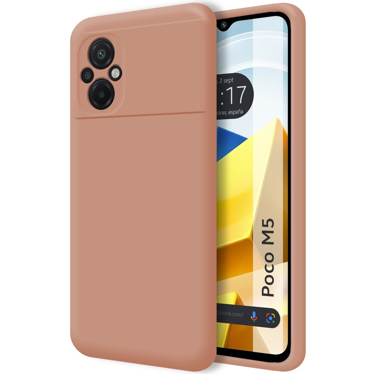 Custodia per telefono con un colore pesca solido. Lo schermo del telefono mostra l'ora e la posizione con un design astratto.