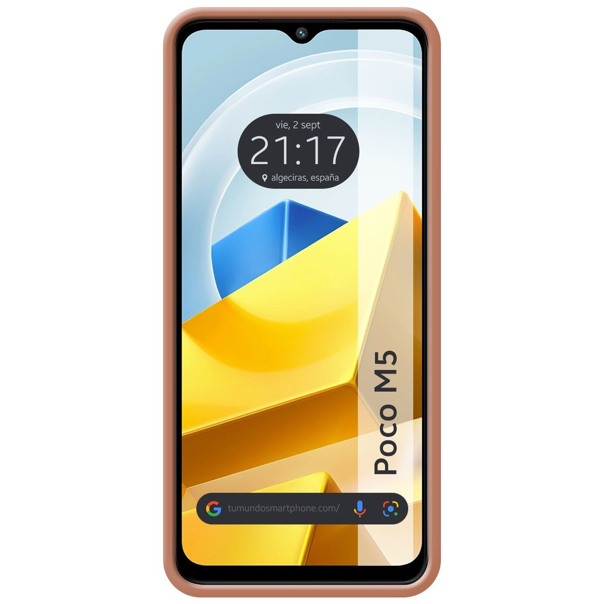 Un telefono in una custodia, che mostra una data e un'ora. Lo sfondo ha colori giallo, blu e bianco.