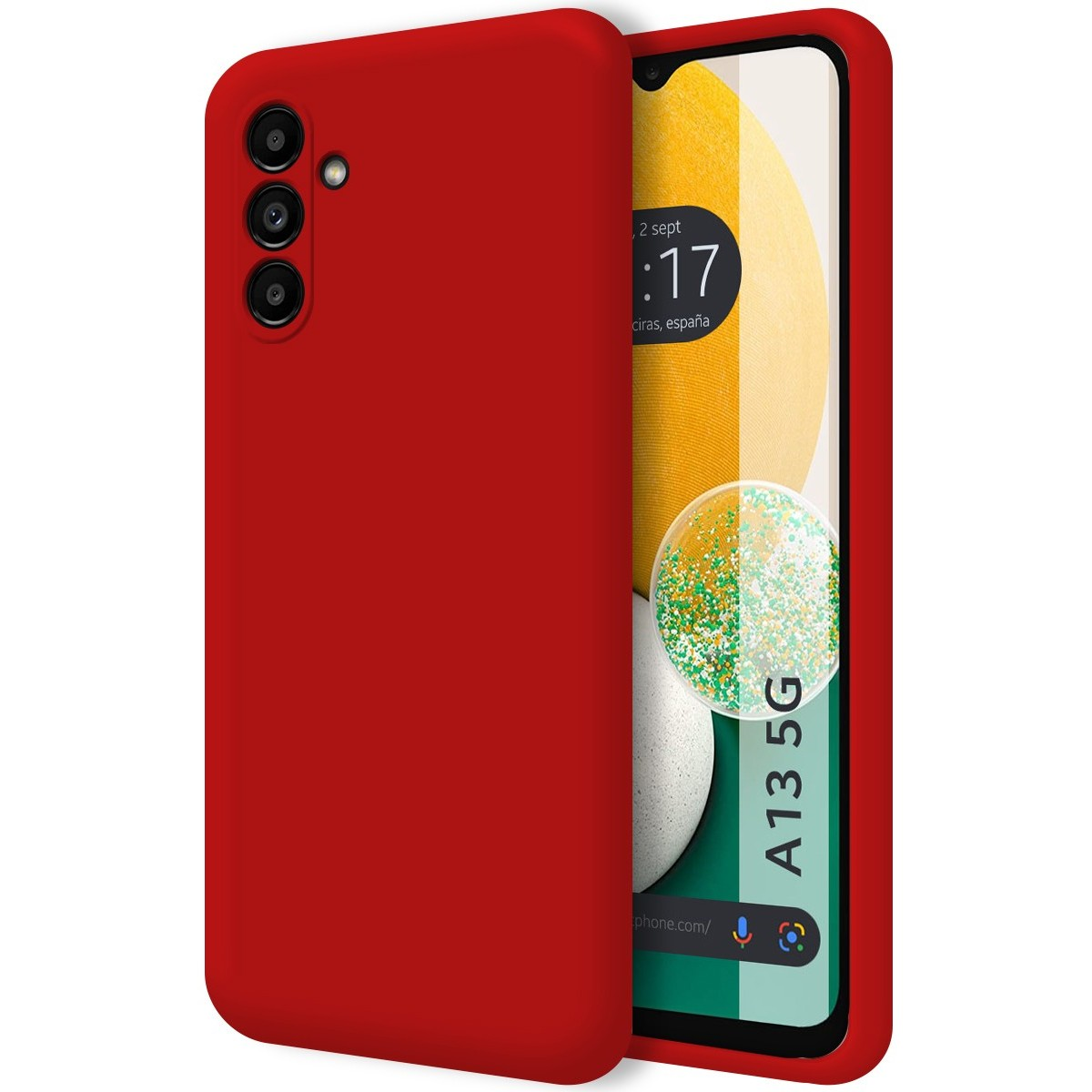 Custodia rossa. Il telefono mostra lo schermo con testo e dettagli della fotocamera.
