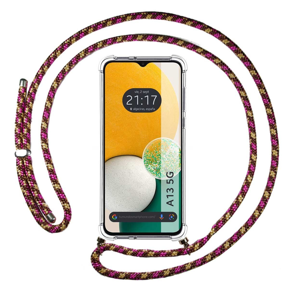 Custodia per telefono con un cordino fantasia e un telefono con l'ora e la posizione visualizzate.