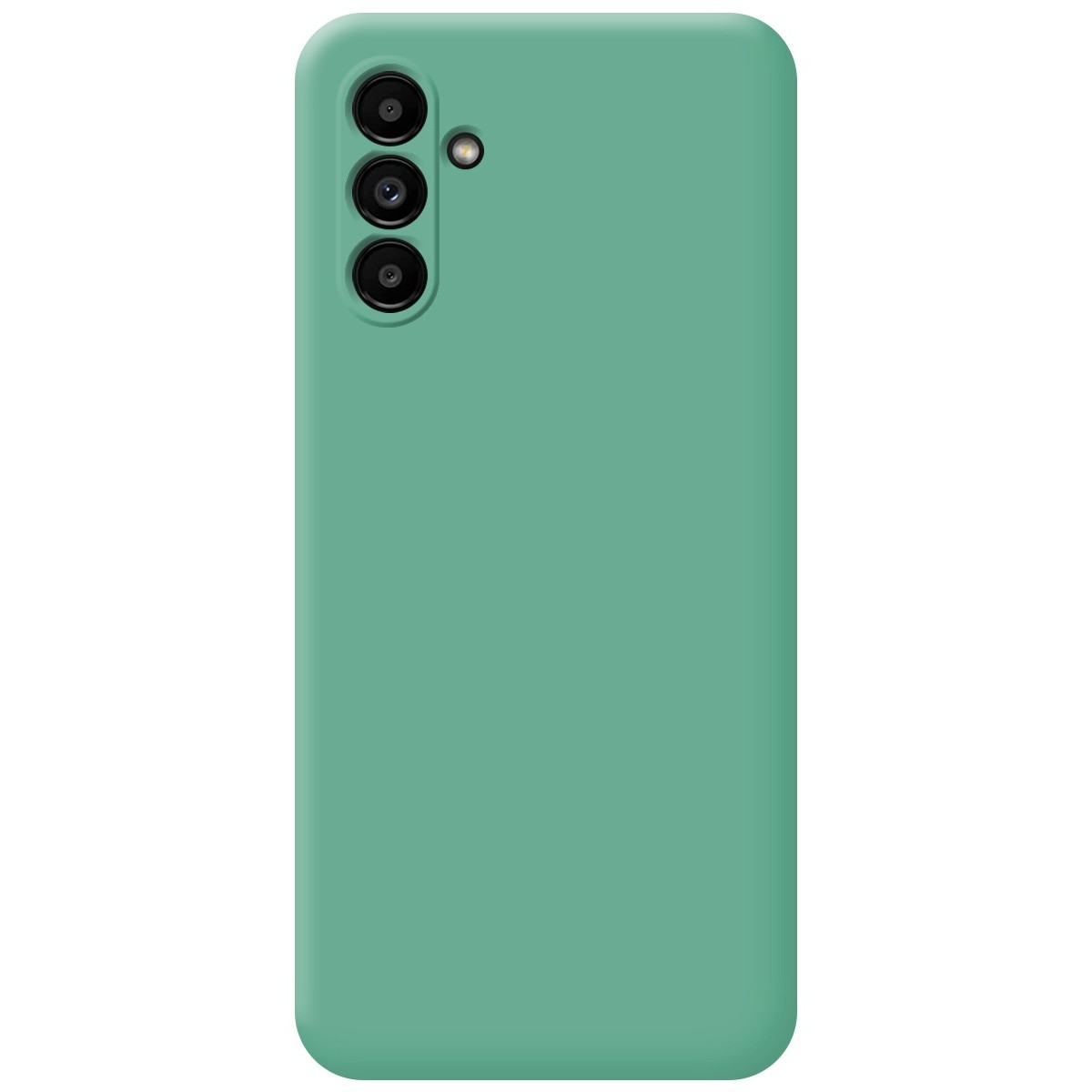 Custodia per telefono verde chiaro tinta unita. La custodia ha tre lenti per fotocamera e un flash.