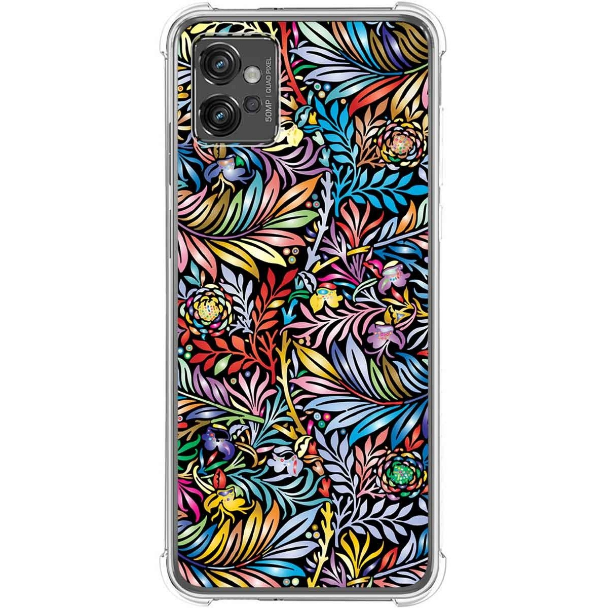 Funda de teléfono con diseño floral colorido sobre fondo negro.