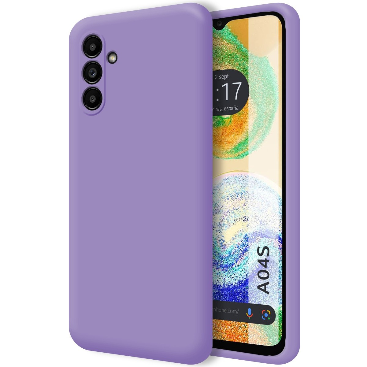 La funda es morada, la pantalla del teléfono muestra hora y fecha.