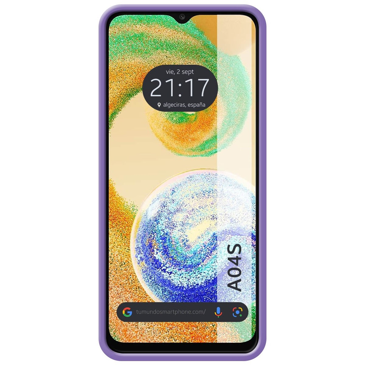 Funda de teléfono morada con teléfono mostrando hora y fecha. El teléfono dice 'algeciras, españa'.