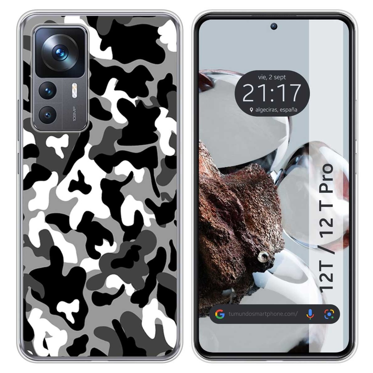 Funda con patrón de camuflaje negro, blanco y gris. Pantalla muestra un paisaje.
