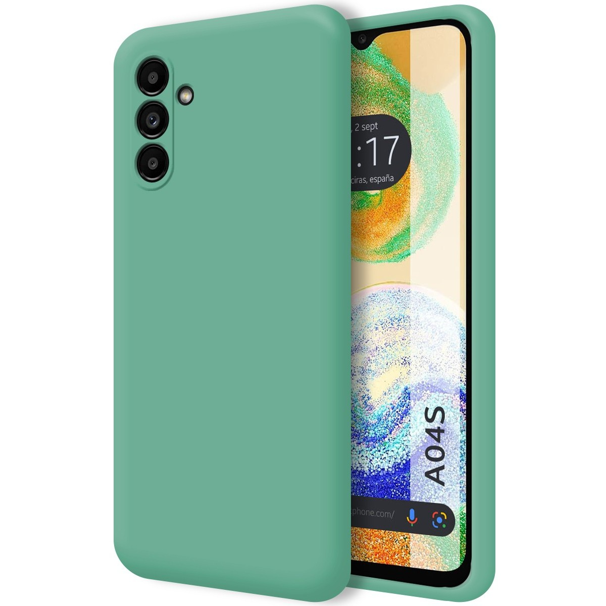 Custodia verde per telefono e telefono con schermo che mostra l'ora.