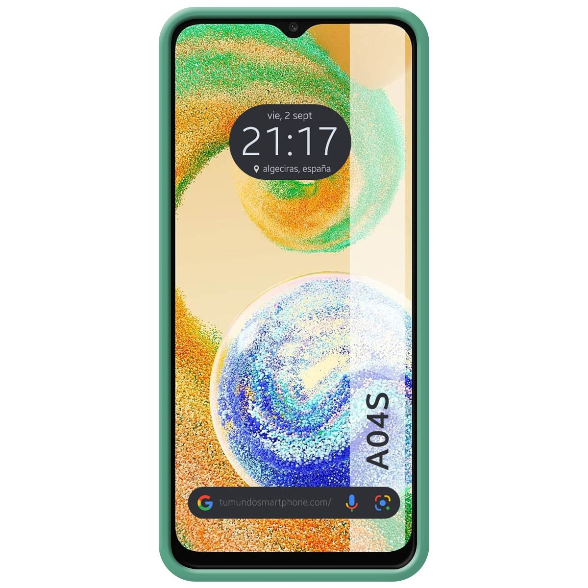 Una custodia per telefono verde con uno schermo che mostra un'ora e uno sfondo colorato.