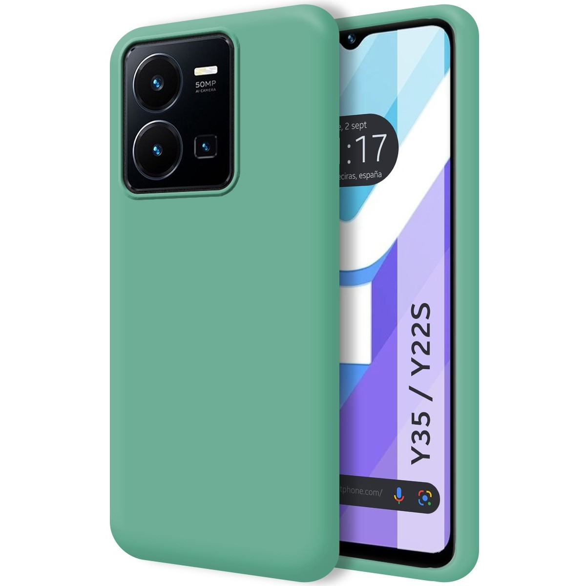 Una custodia per telefono verde con un telefono che mostra uno schermo viola e bianco.
