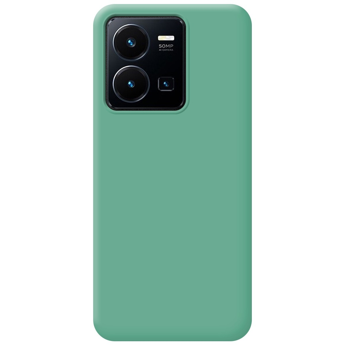 Custodia verde per telefono con modulo fotocamera. Lo sfondo è bianco.