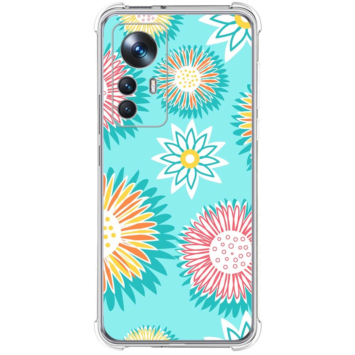 Una funda de teléfono con fondo azul y grandes patrones florales coloridos.