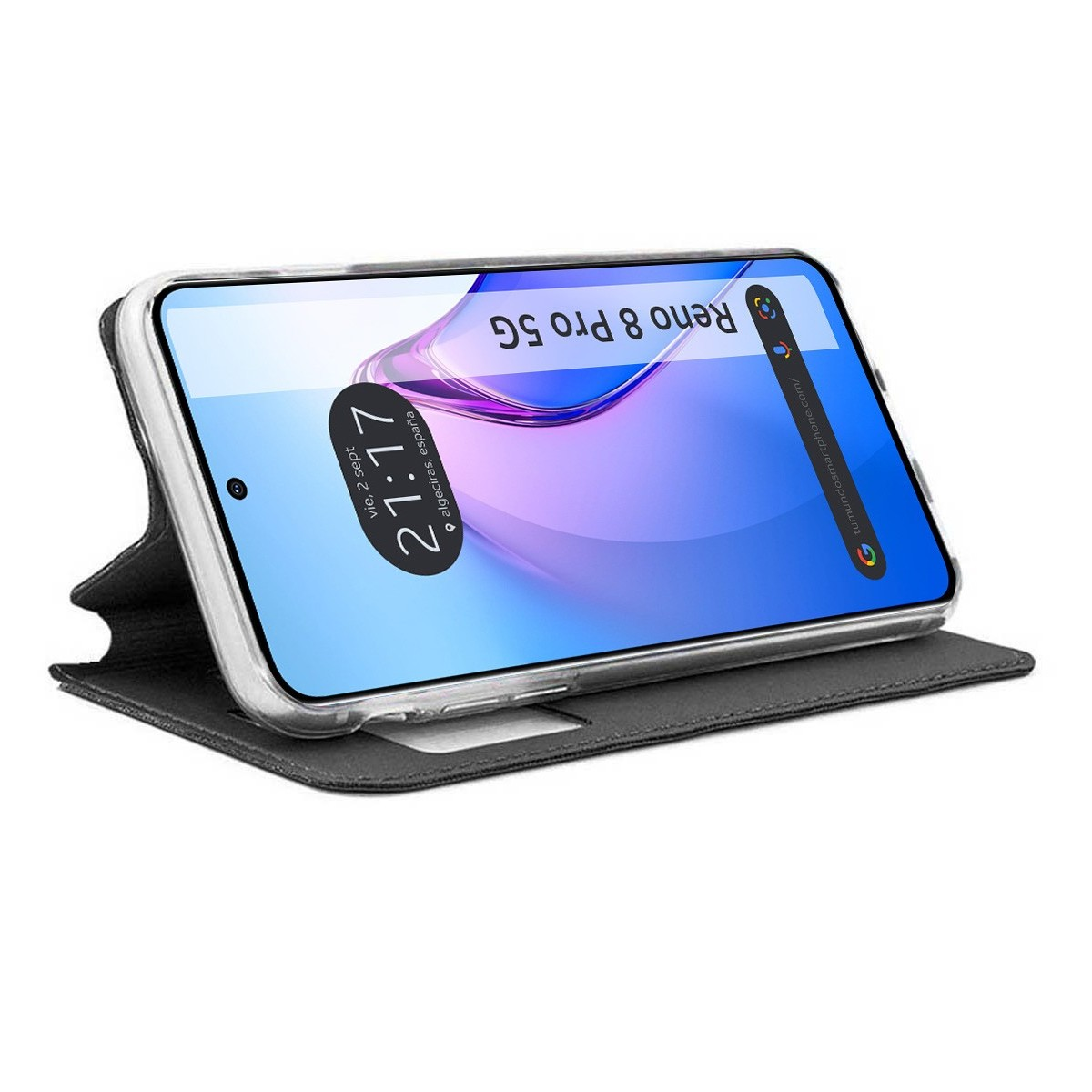 Telefono su una custodia a libro con schermo che mostra ora, data e info del telefono.