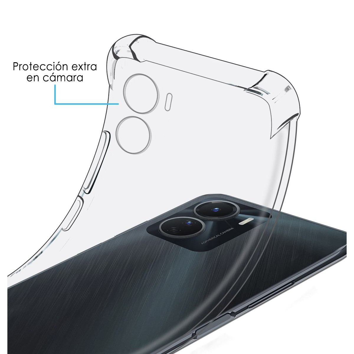 Una custodia trasparente che mostra il retro di un telefono. La custodia ha una protezione extra per la fotocamera.