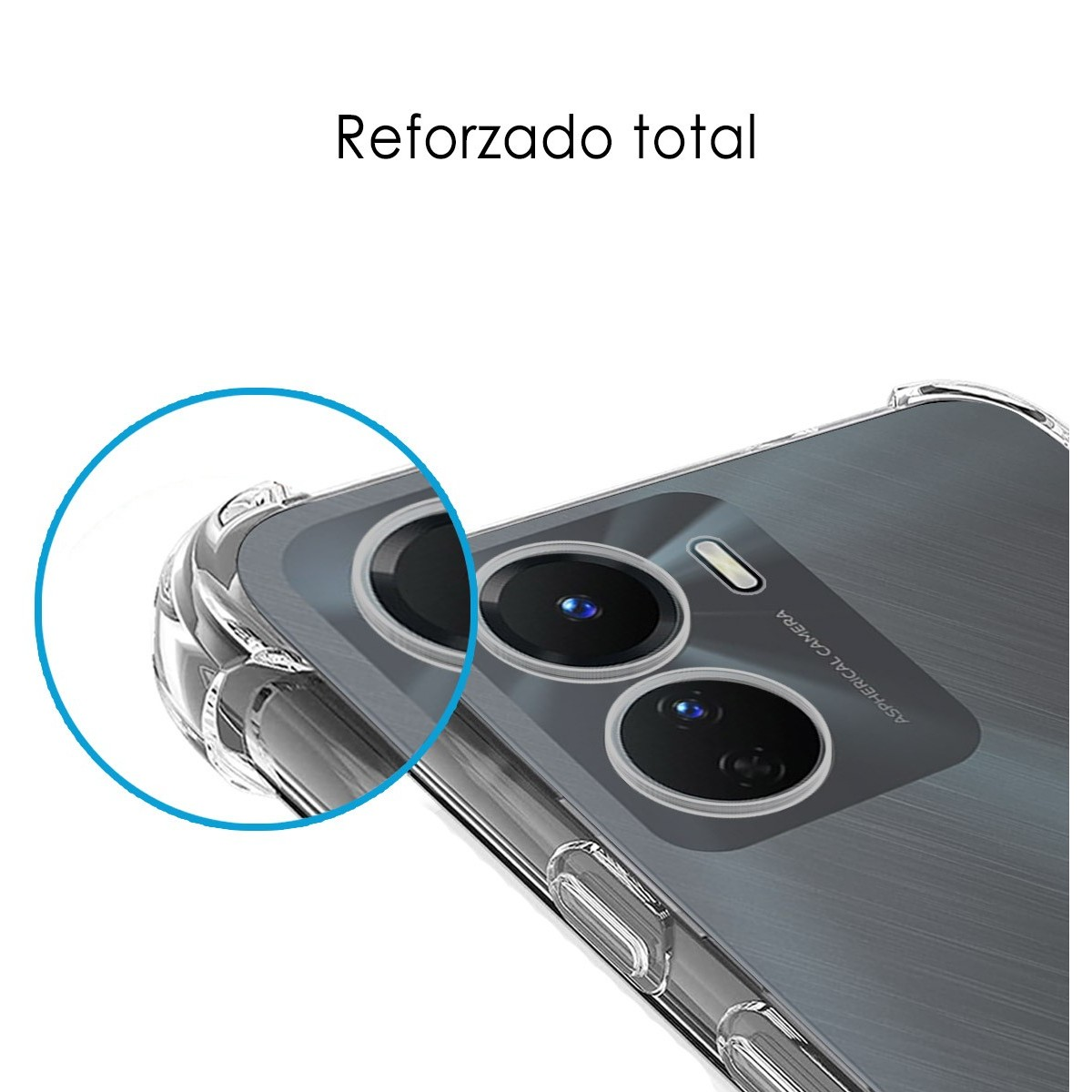 Primo piano della fotocamera del telefono e custodia con il testo 'Reforzado total'.