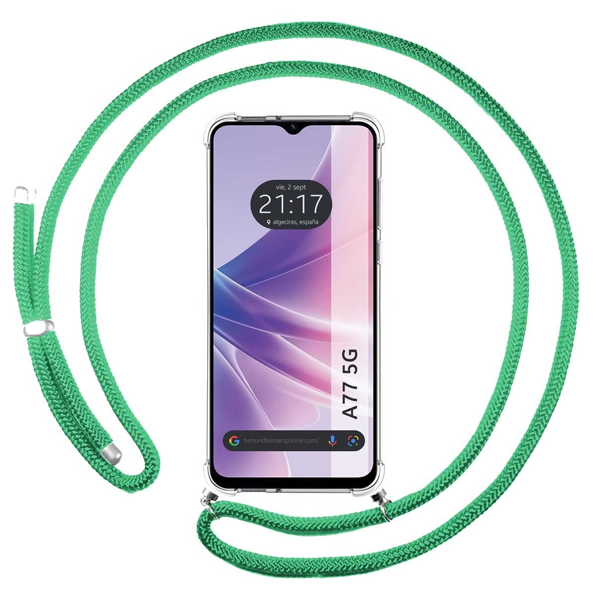Custodia per telefono con corda verde. Lo schermo del telefono mostra l'ora e il testo 'A77 5G'.