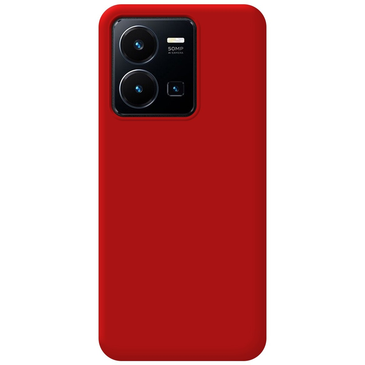 Custodia rossa per telefono. Visibile il retro del telefono con la fotocamera. È rosso pieno.