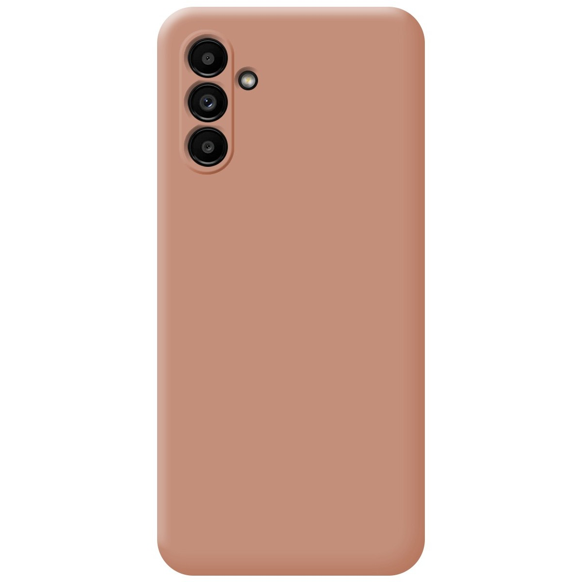 Una custodia per telefono color pesca. Sono visibili tre obiettivi della fotocamera nella parte superiore.
