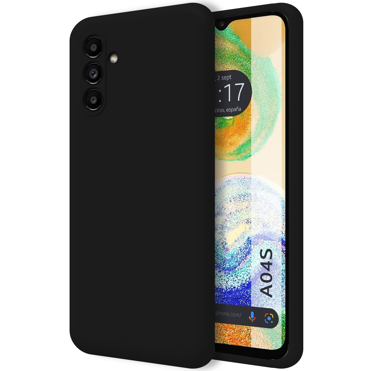 Custodia per telefono nera senza design. Lo schermo del telefono mostra data e ora.